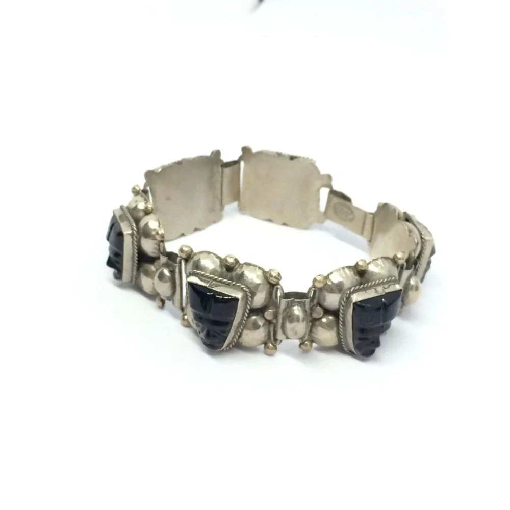 VINTAGE ALPACA Bracelet Mask Hecho En Mexico EGS Guad Jal Silver Tone